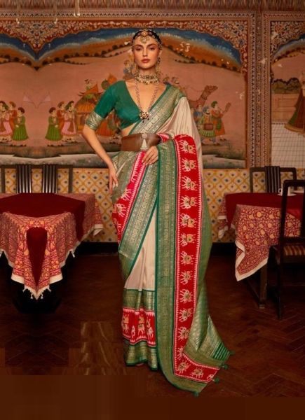 Beige & Green Patola Silk Festive-Wear Saree