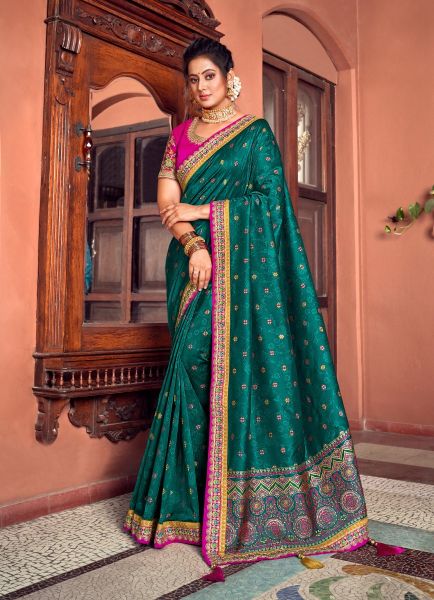 Teal Blue Silk Embroidered Party-Wear Saree With Double Blouse