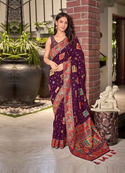 Purple Cotton Silk Weaving Festive-Wear Saree