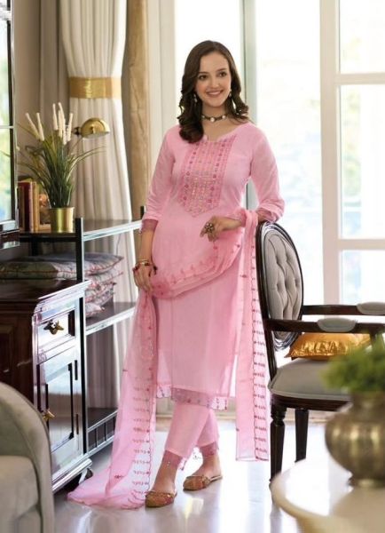 Light Pink Cotton Embroidered Party-Wear Organza-Dupatta Readymade Salwar Kameez