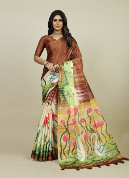 Dark Coral Tusser Silk Floral Digitally Printed Saree For Kitty Parties