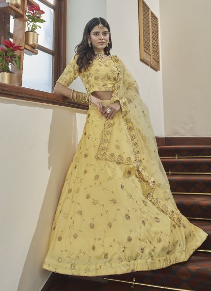 Creamy Yellow Art Silk Zari, Sequins, Embroidery & Zarkan-Work Party-Wear Sensual Lehenga Choli