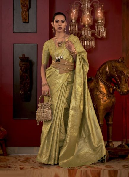 Light Olive Green Silk Party-Wear Saree With Zari Weaving