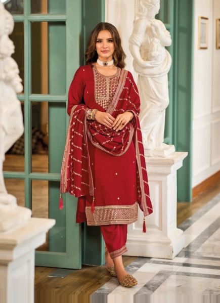 Red Silk Embroidered Karwa-Chauth Special Readymade Salwar Kameez