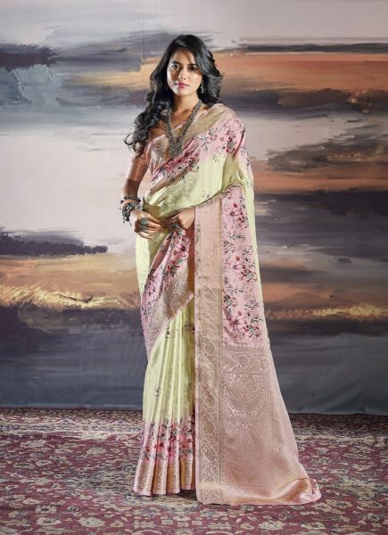 Cream & Pink Satin Floral Digitally Printed Festive-Wear Saree