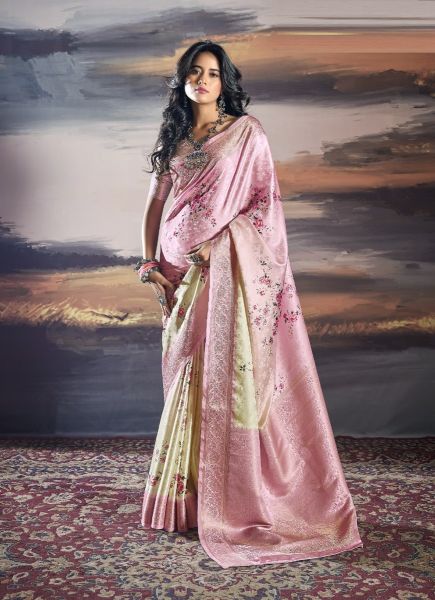 Pink & Cream Satin Floral Digitally Printed Festive-Wear Saree