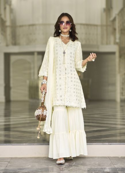 White Faux Georgette Mirror-Work Party-Wear Pakistani Readymade Salwar Kameez