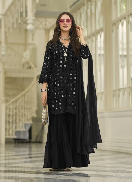Black Faux Georgette Mirror-Work Party-Wear Pakistani Readymade Salwar Kameez