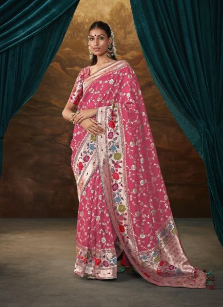 Dark Pink Banarasi Dola Silk Weaving Saree For Traditional / Religious Occasions