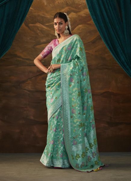 Light Mint Green Banarasi Dola Silk Weaving Saree For Traditional / Religious Occasions
