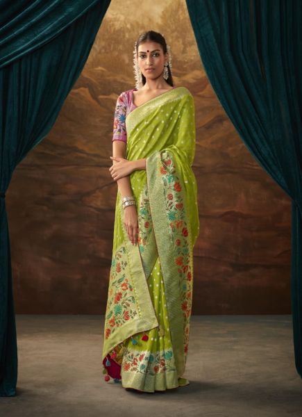Olive Green Banarasi Dola Silk Weaving Saree For Traditional / Religious Occasions