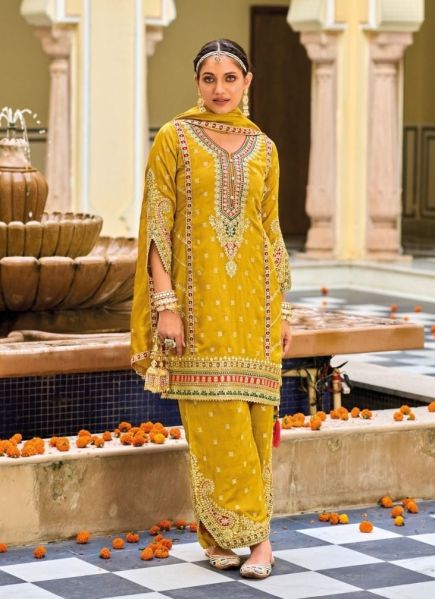Mustard Yellow Silk Embroidered Readymade Afghani-Pant Salwar Kameez For Traditional / Religious Occasions