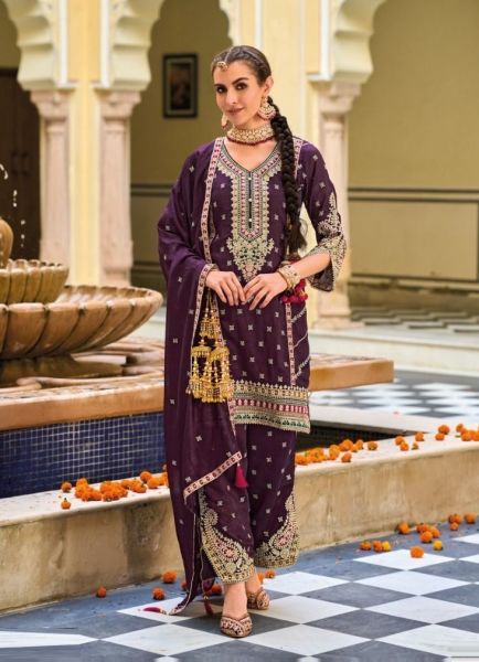Purple Silk Embroidered Readymade Afghani-Pant Salwar Kameez For Traditional / Religious Occasions
