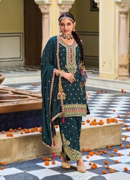 Sea Blue Silk Embroidered Readymade Afghani-Pant Salwar Kameez For Traditional / Religious Occasions