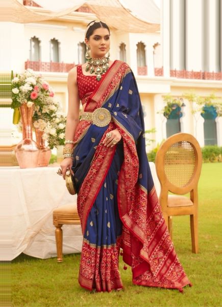 Blue & Red Patola Silk Printed Saree For Traditional / Religious Occasions