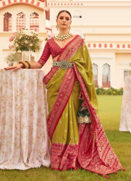 Olive Green & Wine Red Patola Silk Printed Saree For Traditional / Religious Occasions