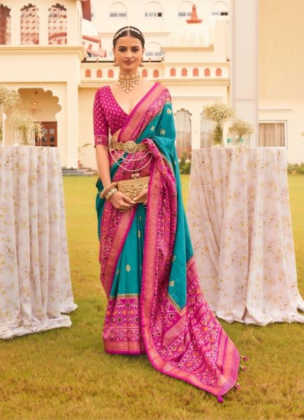 Teal Blue & Magenta Patola Silk Printed Saree For Traditional / Religious Occasions