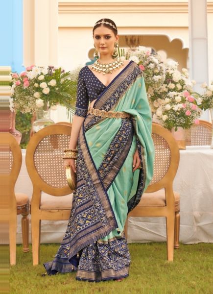 Light Aqua & Blue Patola Silk Printed Saree For Traditional / Religious Occasions