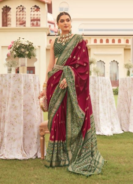 Wine Red & Green Patola Silk Printed Saree For Traditional / Religious Occasions