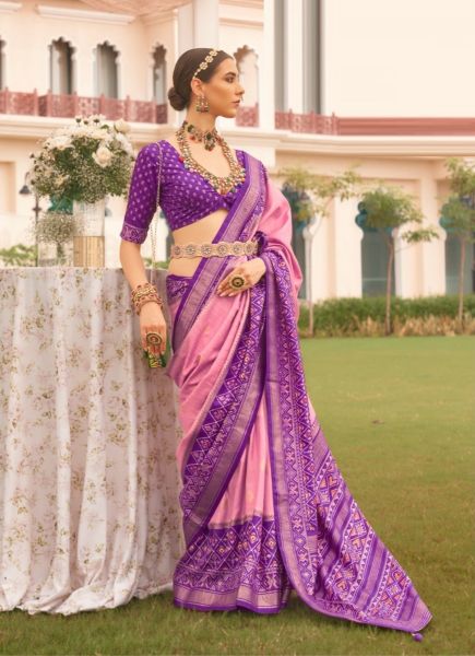 Pink & Violet Patola Silk Printed Saree For Traditional / Religious Occasions