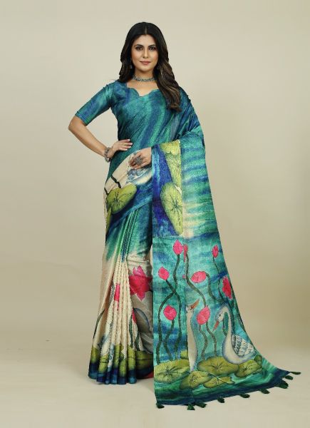 Teal Blue Tusser Silk Floral Digitally Printed Saree For Kitty Parties