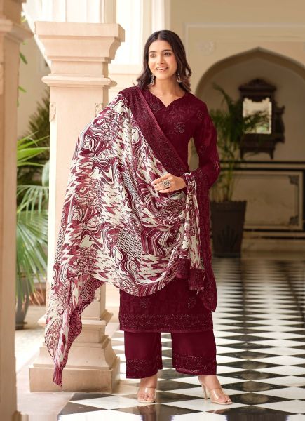 Wine Georgette Embroidered Straight-Cut Salwar Kameez For Traditional / Religious Occasions