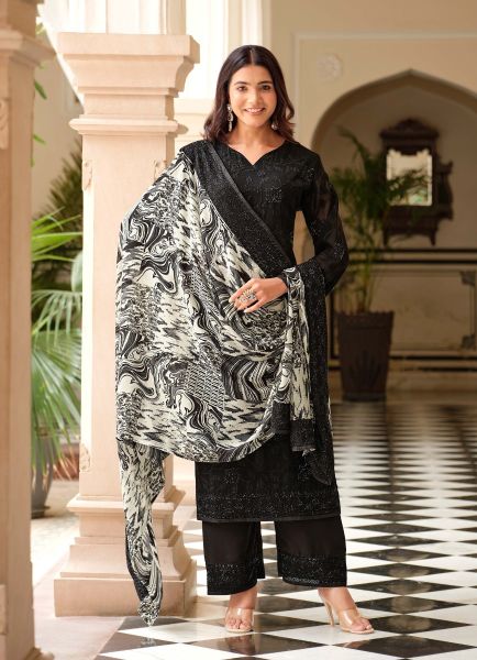 Black Georgette Embroidered Straight-Cut Salwar Kameez For Traditional / Religious Occasions