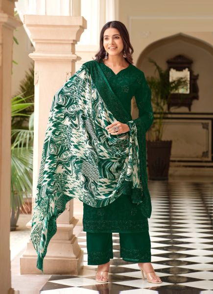 Green Georgette Embroidered Straight-Cut Salwar Kameez For Traditional / Religious Occasions