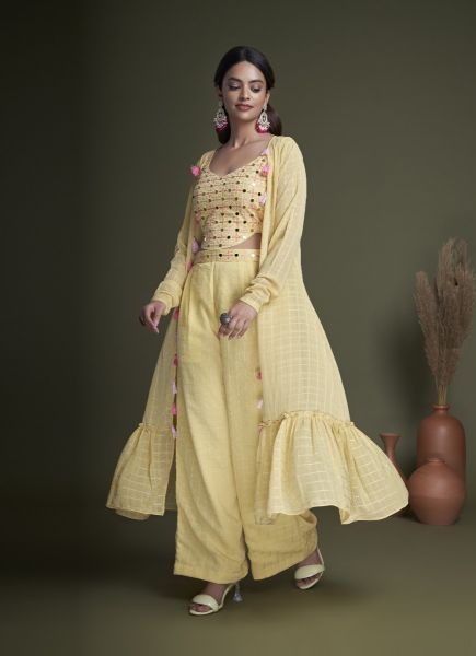 Light Yellow Georgette Sequins-Work Party-Wear Readymade Blouse & Palazzo With Shrug