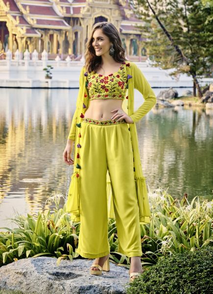 Lime Yellow Georgette Sequins-Work Party-Wear Choli & Bottom With Shrug