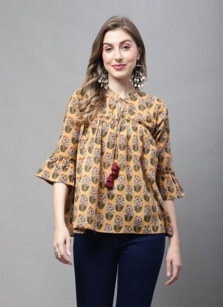 Marigold Cotton Printed Office-Wear Readymade Short Top