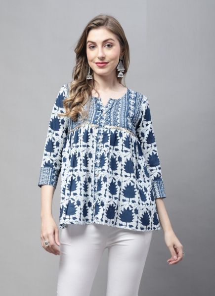 Blue Cotton Printed Office-Wear Readymade Short Top
