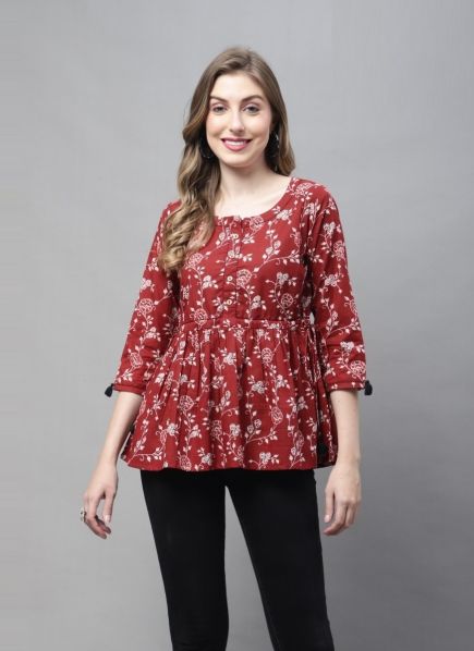 Maroon Cotton Printed Office-Wear Readymade Short Top