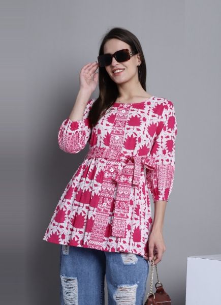 Magenta Cotton Printed Office-Wear Readymade Short Top