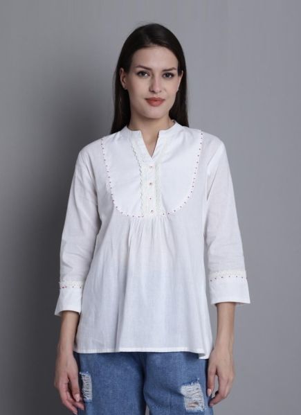 White Cotton Printed College-Wear Readymade Short Top