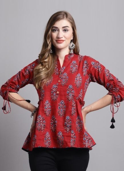 Red Cotton Printed College-Wear Readymade Short Top