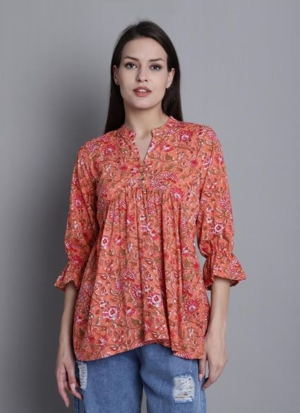 Salmon Cotton Printed College-Wear Readymade Short Top