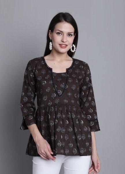 Black Cotton Printed College-Wear Readymade Short Top