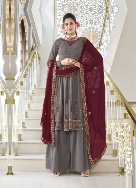Warm Gray Georgette Embroidered Party-Wear Palazzo-Bottom Readymade Salwar Kameez