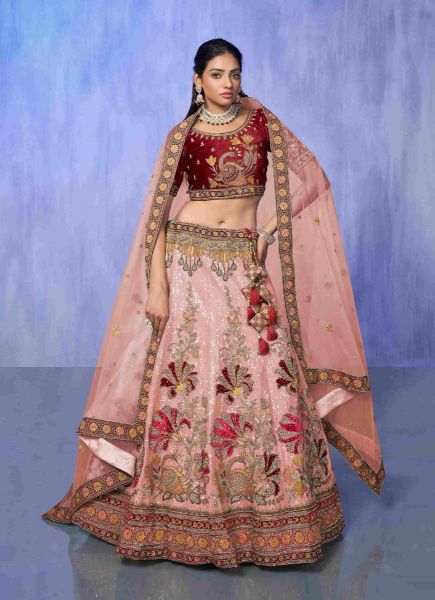 Light Pink Velvet Wedding-Wear Bridal Lehenga Choli
