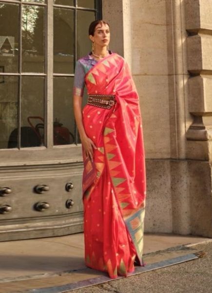 Coral Red Khadi Woven Silk Saree For Traditional / Religious Occasions