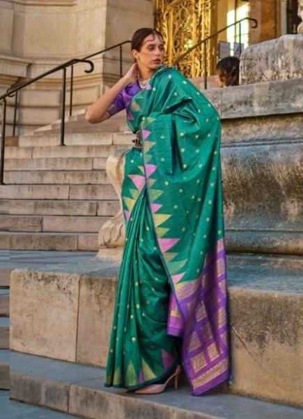Teal Green Khadi Woven Silk Saree For Traditional / Religious Occasions