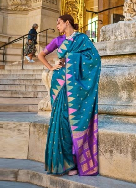 Teal Blue Khadi Woven Silk Saree For Traditional / Religious Occasions