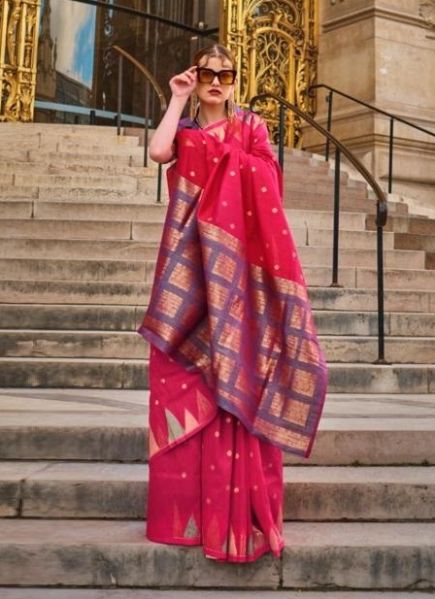 Crimson Red Khadi Woven Silk Saree For Traditional / Religious Occasions