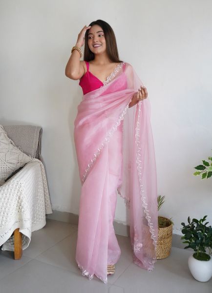 Light Pink Organza Aari-Work Party-Wear Boutique-Style Saree