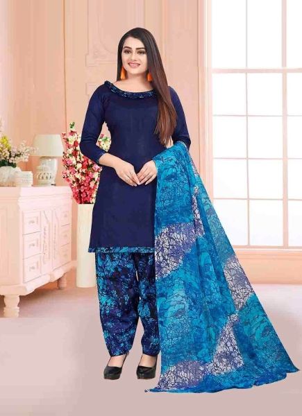 Blue Cotton Printed Office-Wear Salwar Suit