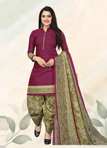 Purple & Sage Green Cotton Printed Office-Wear Salwar Suit
