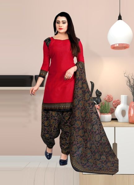 Red & Navy Blue Cotton Printed Office-Wear Salwar Suit