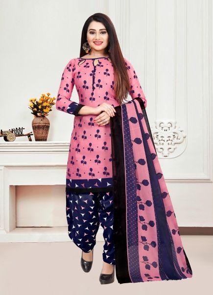 Pink & Blue Cotton Printed Office-Wear Salwar Suit