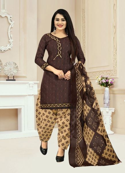 Dark Coffee Brown Cotton Printed Office-Wear Salwar Suit
